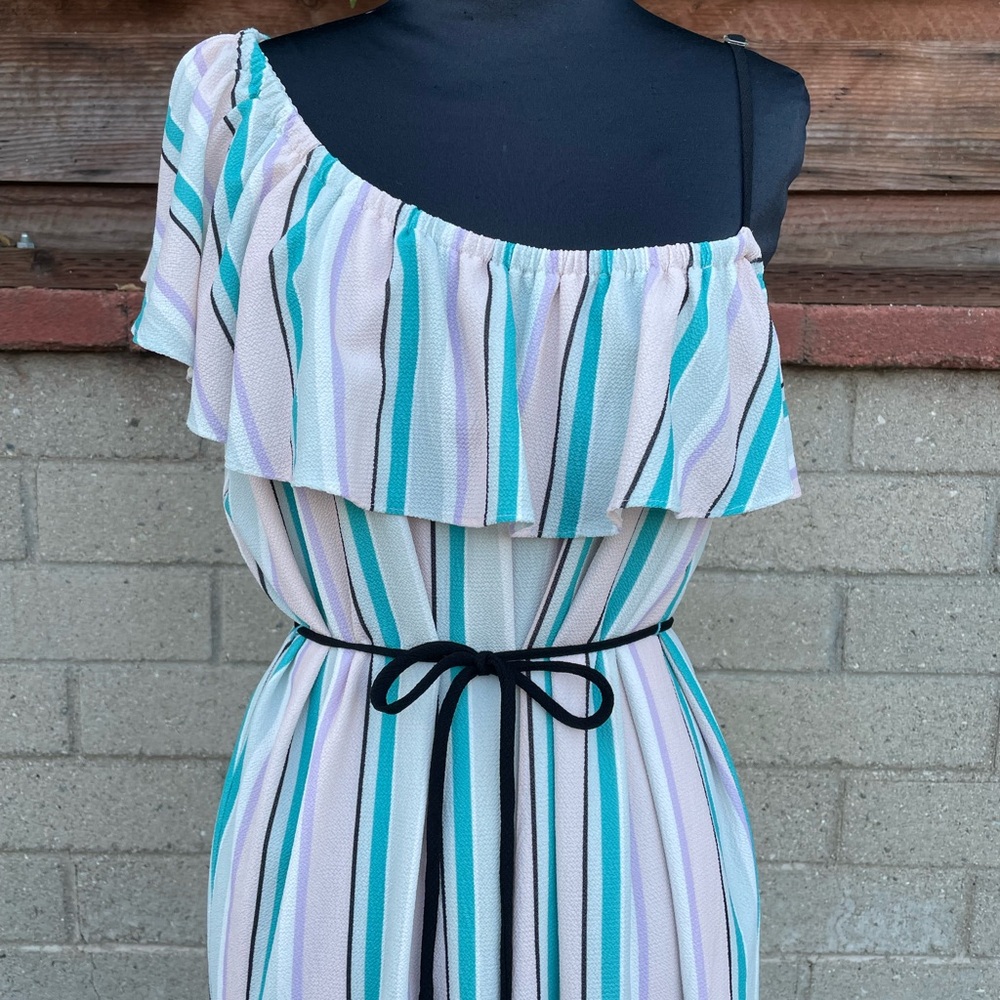 Striped One-Shoulder Dress with Ruffle - Picture 2 of 11